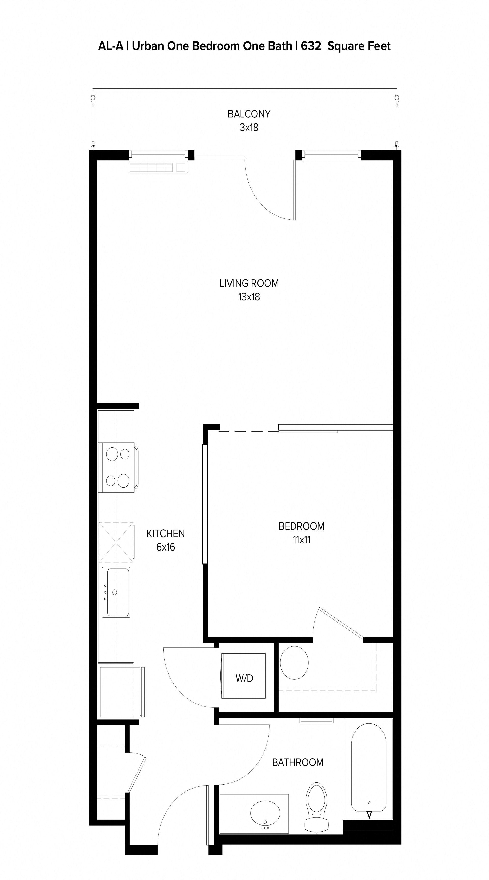 Floor plan for 1 bed, 1 bath, 632 sqft
